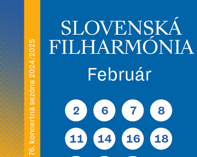 Február v Slovenskej filharmónii - Kalendár zobrazujúci text Február s dňami 2, 6, 7, 8, 11, 14, 16, 18, 19, 20, 25 